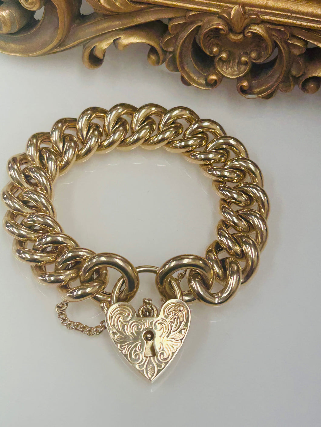 9ct Y/G Curblink Bracelet with Ornate Heart Padlock