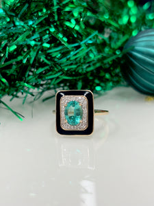 9ct Y/G Emerald Black Enamel & Diamond Ring