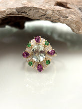 Load image into Gallery viewer, 9ct Y/G Green Amethyst, Rhodolite Garnet, Tsavorite Garnet &amp; Diamond Ring