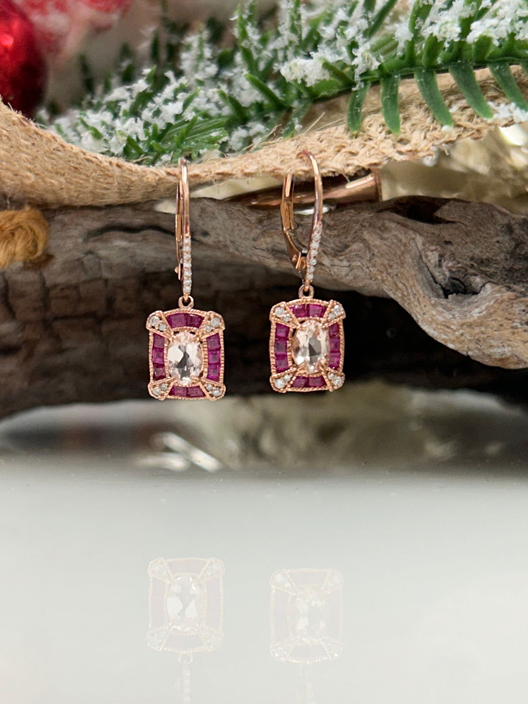 9ct R/G Morganite Ruby & Diamond Earrings