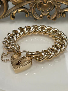 9ct Y/G Curblink Bracelet with Ornate Heart Padlock