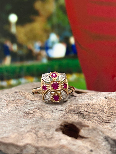 9ct Y/G Art Deco Style Ruby & Diamond Ring