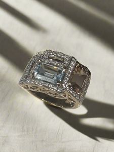 9ct Y/G Aquamarine-Morganite & White Sapphire Ring