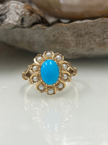 9ct Y/G Turquoise & Seed Pearl Ring