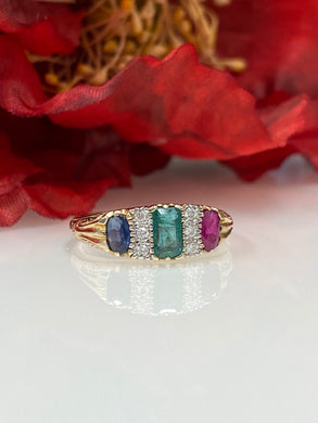 9ct Y/G Ruby Emerald Sapphire & Diamond Ring