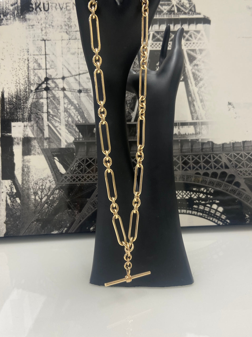 9ct Yellow Gold Handmade Paper Link Chain with T Bar