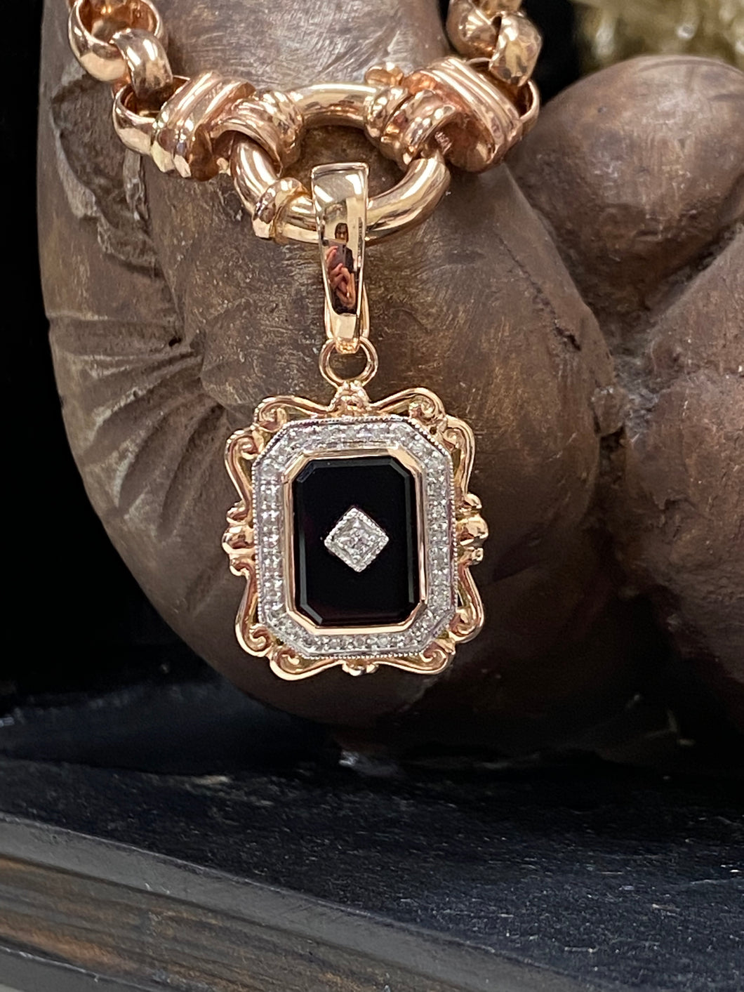 9ct Rose Gold Filigree Onyx & Diamond Enhancer Pendant