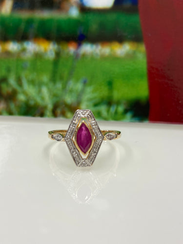 9ct Y/G Art Deco Style Ruby & Diamond Ring