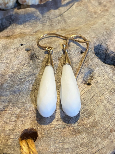 9ct Y/G White Agate Long Drop Earrings