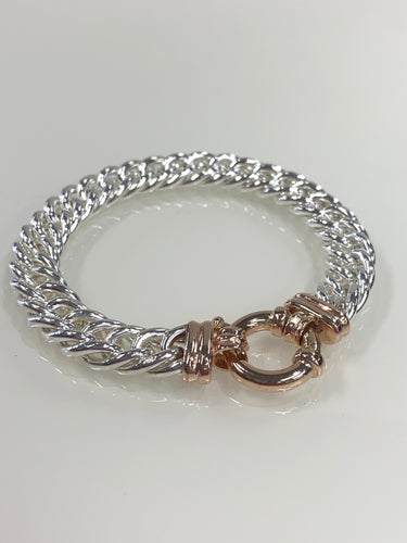 S/S & 9ct Rose Gold Double Curb Solid Bracelet