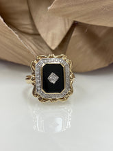 Load image into Gallery viewer, 9ct Yellow Gold Filigree Onyx &amp; Diamond Ring