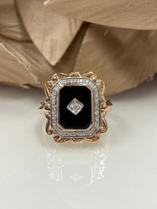 9ct Rose Gold Filigree Onyx & Diamond Ring