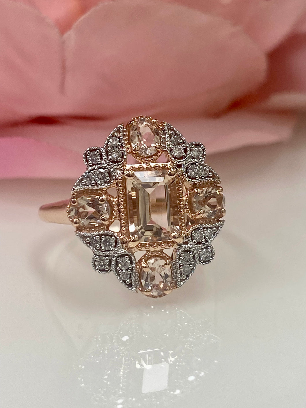 9ct R/G Art Deco Style Morganite and Diamond Ring
