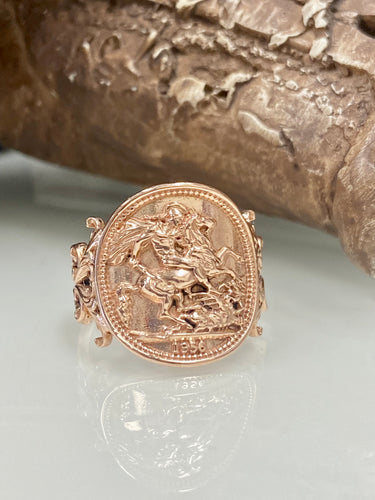9ct Rose Gold Ornate Sovereign Coin Ring